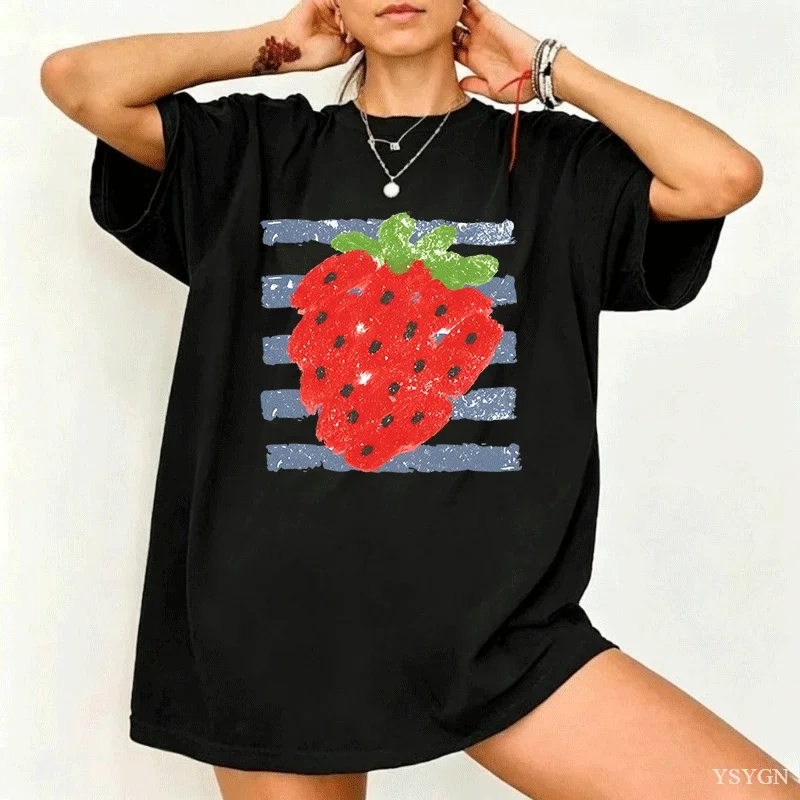Summer Women's Hungry Caterpillar Strawberry Graphic Tshirt Cotton and Breathable Short Sleeve Streetwear Oversized Loose Casual