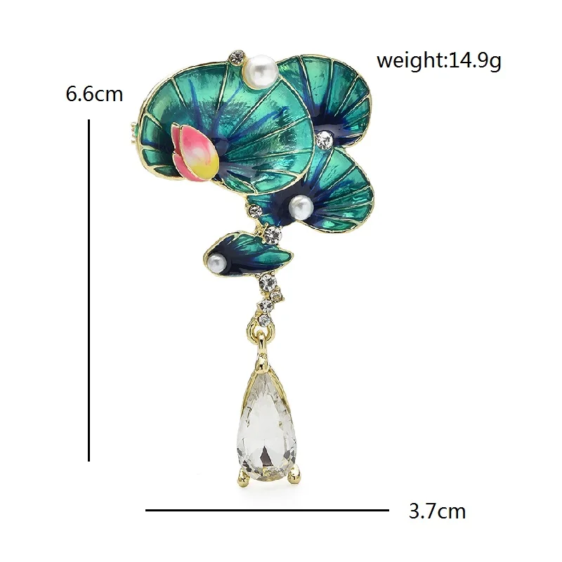 Wuli&baby Beautiful Lotus Brooches For Women Waterdrop Enamel Flowers Leaves Party Office Brooch Pins Gifts