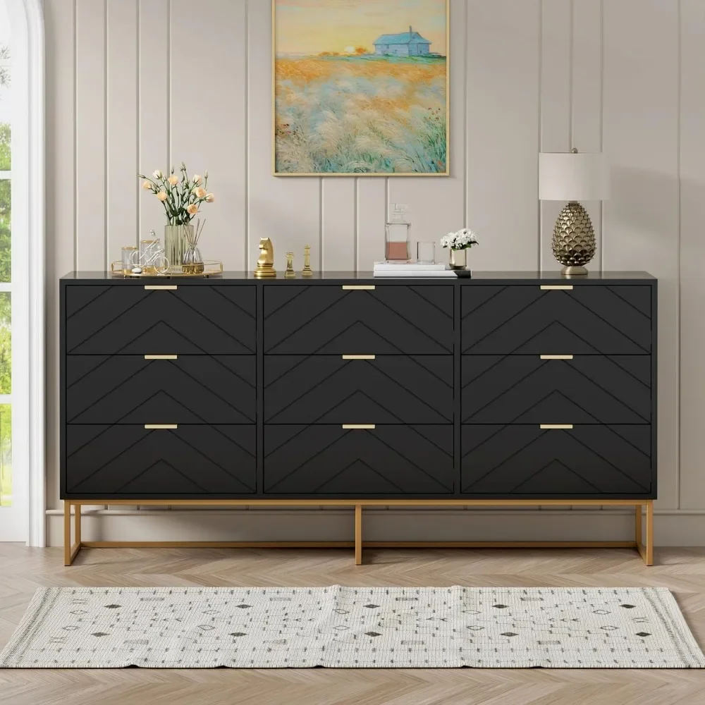 9 Drawer Dresser, Security Large Chest of Drawers, Black Dresser with Storage, Bedroom Locker, Living Room Dresser