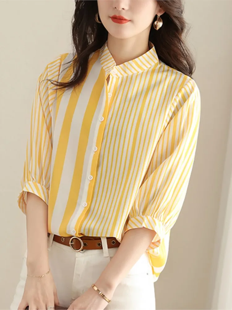 Summer Striped Print Shirts Tops Women Short Sleeve Fashion Casual Loose Pleated Ladies Blouses Korean Style Woman Shirts Tops