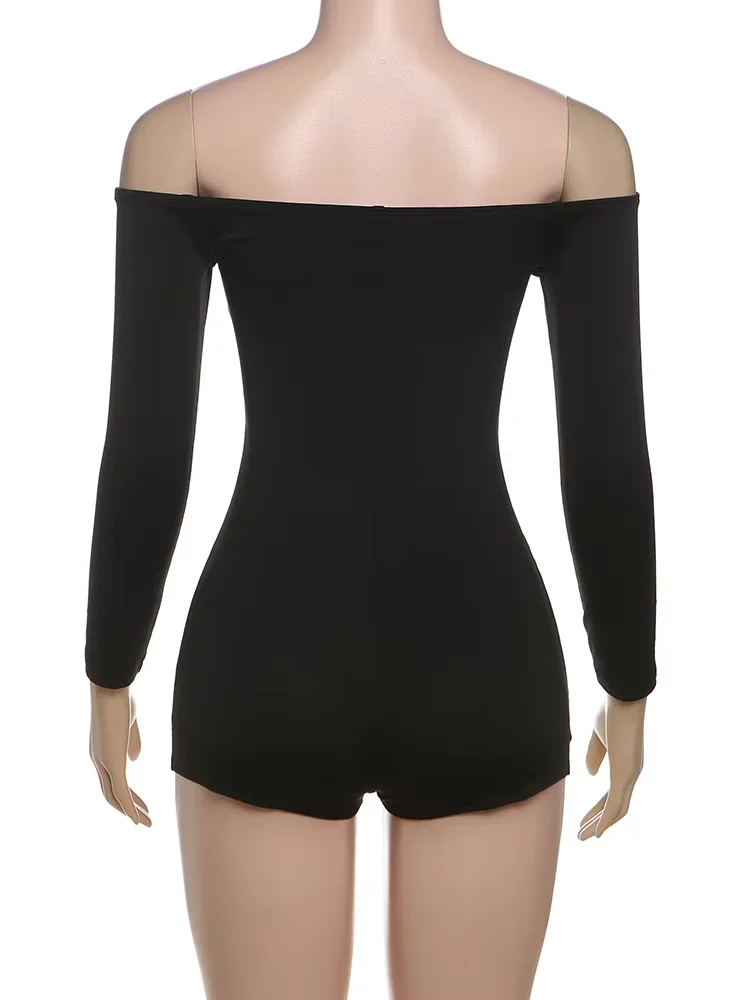 

kliou Sexy Hollow Women Playsuits Fashion New Coquette Off Shoulder Cleavage Full Sleeve Rompers Mujer Midnight Club One Piece