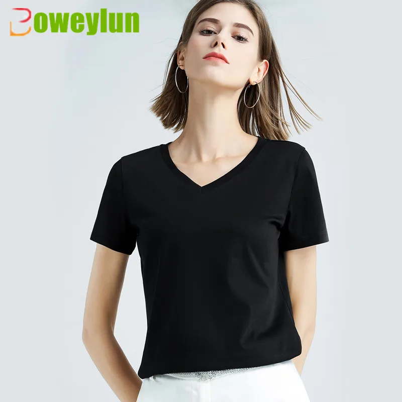 

Boweylun New 80S Double-Sided Mercerized Cotton V-Neck Casual Short Sleeve Skin-friendly Breathable Solid T-shirt Dress Summer