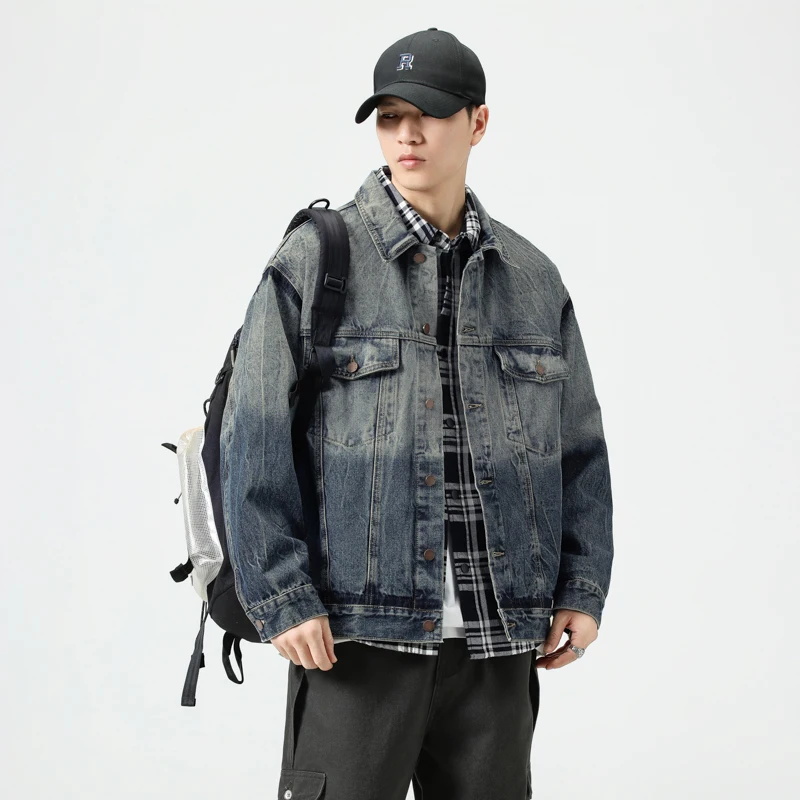 2025 خريف جديد وصول الأمريكية خمر غسلها الدنيم سترة-الرجال استرخاء صالح ريترو الأزرق عادية كم طويل معطف حجم كبير 4XL