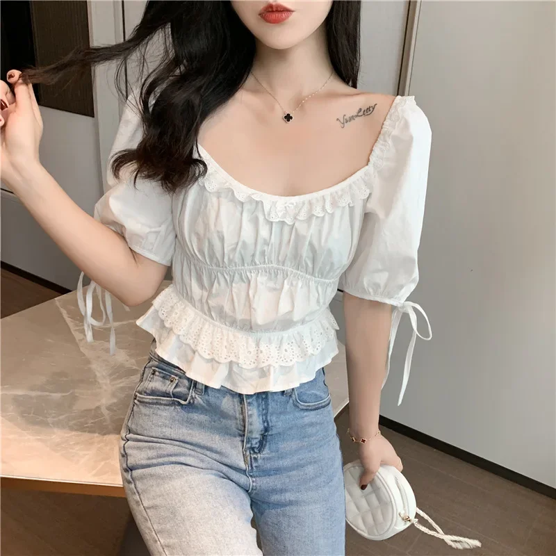 White Blouse Korean Style Vintage Sexy Women Square Neck Puff Sleeve Solid Chiffon Ruffle Ruched Shirt Ladies Summer Crop Top