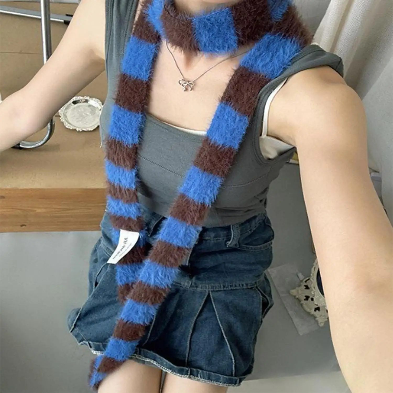 

Striped Plush Scarf Women's Niche Design Sense Spice Girl Versatile Decoration Korean Version Thin and Narrow Long Scarf