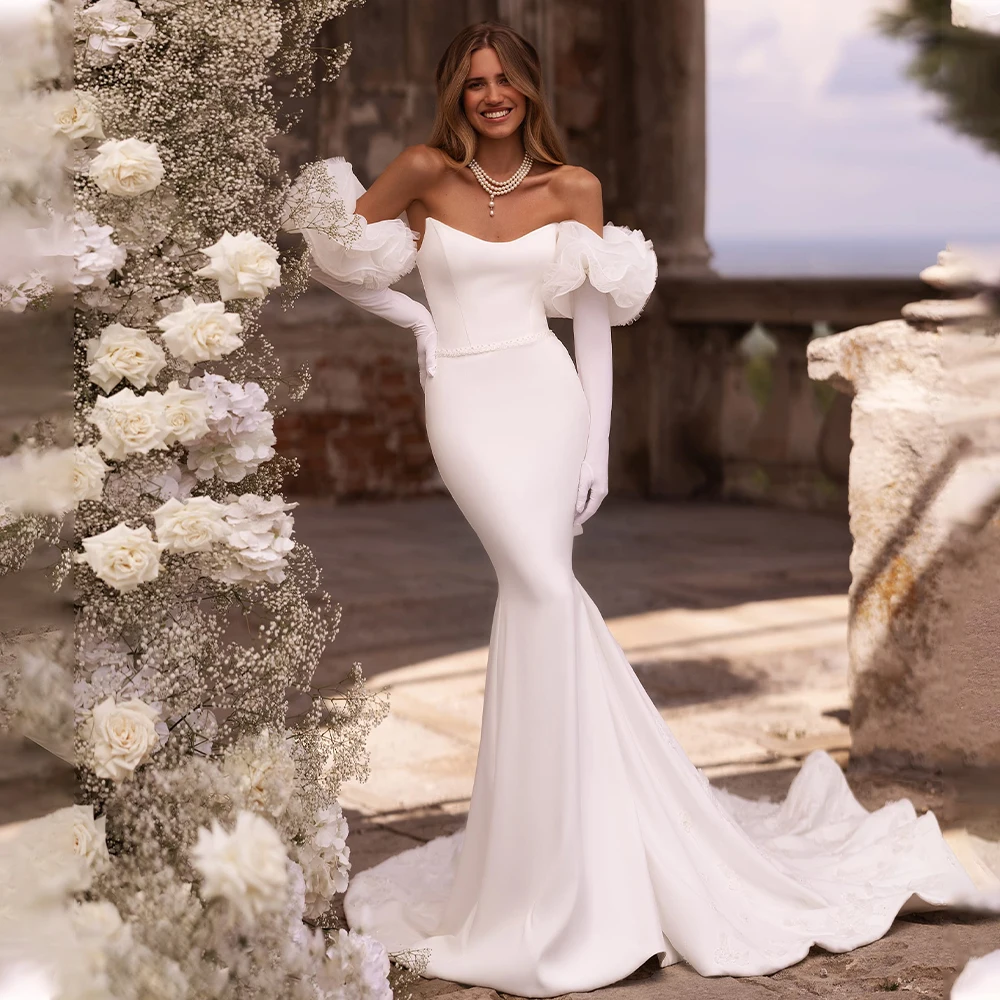 

Modern Long Detachable Sleeves Strapless Soft Satin Mermaid Wedding Dresses Sweep Train Bridal Grown 2024 Vestido De Noival