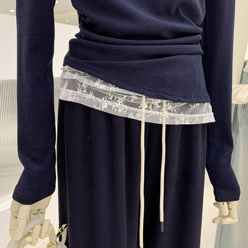 Camisetas de manga larga para mujer con hombros descubiertos y cuello oblicuo de retazos de encaje Sexy diseño femenino moda estilo coreano Tops para mujer sólido nuevo