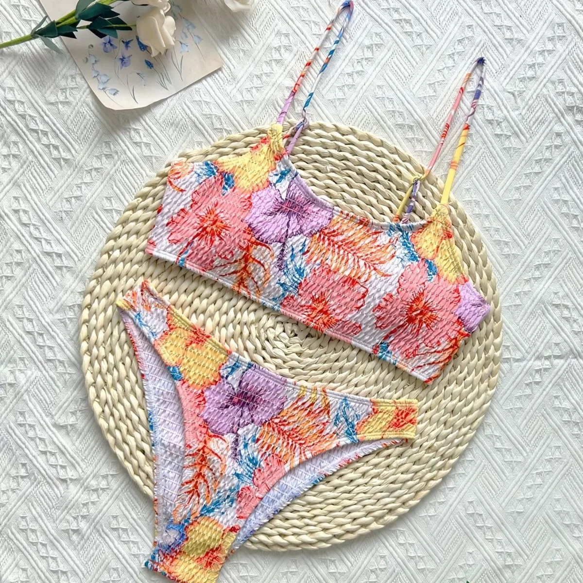 

Sexy Flower Bandeau Swimwear Thong Bikini 2025 Women Wrinkle Swimsuit Smocked Bathing Suit Brazilian Bikinis Set Mujer Biquini