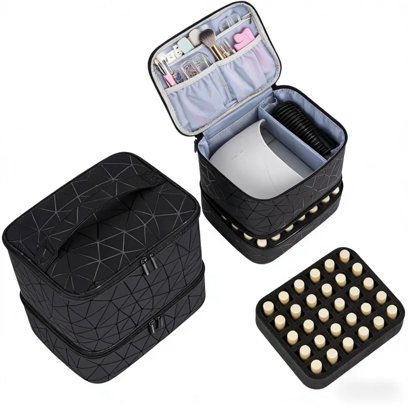 Boîte de rangement professionnelle grande capacité pour 30 flacons de gel à ongles de 15 ml avec support de lampe, organiseur d'outils de manucure portable