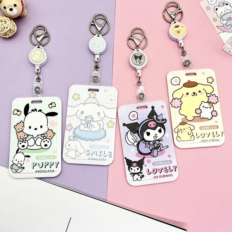 

Kawaii Sanrio Card Cover Keychain with Telescopic Rope Anime Cartoon Kuromi Student Campus Meal Card Bag Backpack Decor