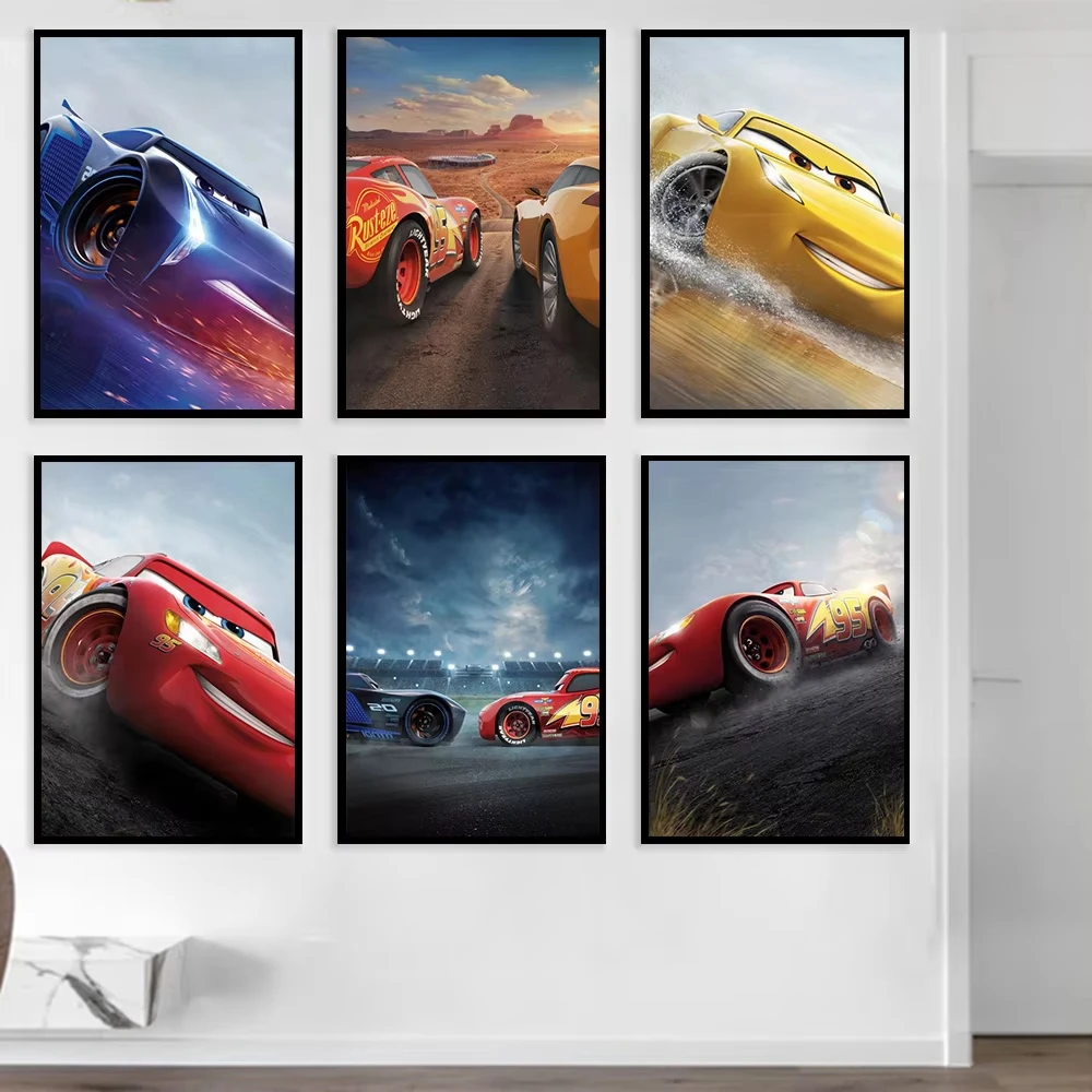 MINISO niños dibujos animados coche de velocidad Disney hogar sala de estar dormitorio arte de pared decorativo carteles de Anime Mural arte de pared lienzo impresiones de alta definición