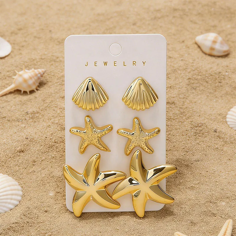 3 pairs/set of fashionable golden shell starfish earrings for women, creative texture ocean series beach jewelry gifts, 2026