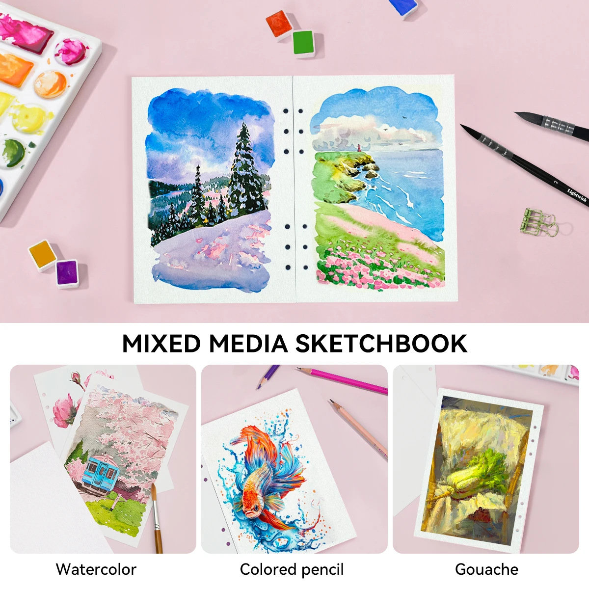 Papier akwarelowy LIGHTWISH luzem, 100% bawełna, 2 opakowania, łącznie 40 arkuszy, dziurkowany papier wymienny A5, 5,5 * 8,2 cala — zdjęcie produktu 5