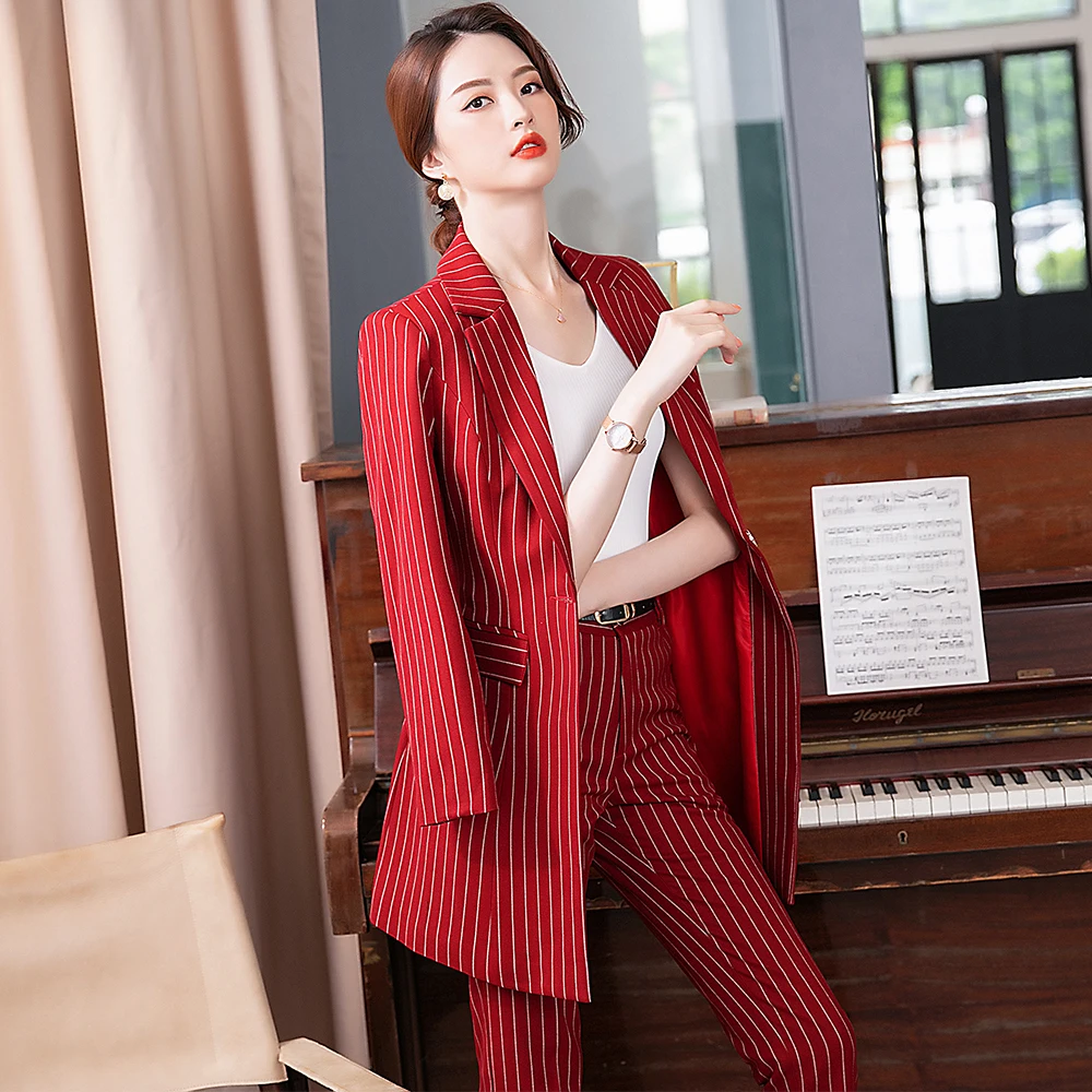 Frauen Striped Formale Hose Anzug Büro Damen Schwarz Rot Weibliche Dünne Lange Blazer Jacke Und Hosen 2 Stück Set Für arbeit Tragen