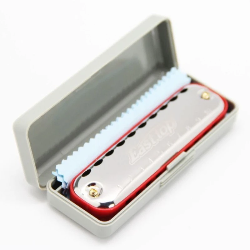 10-Hole Blues Harmonica Key C Adult Beginner Pocket Instrument, Gray Plastic Box