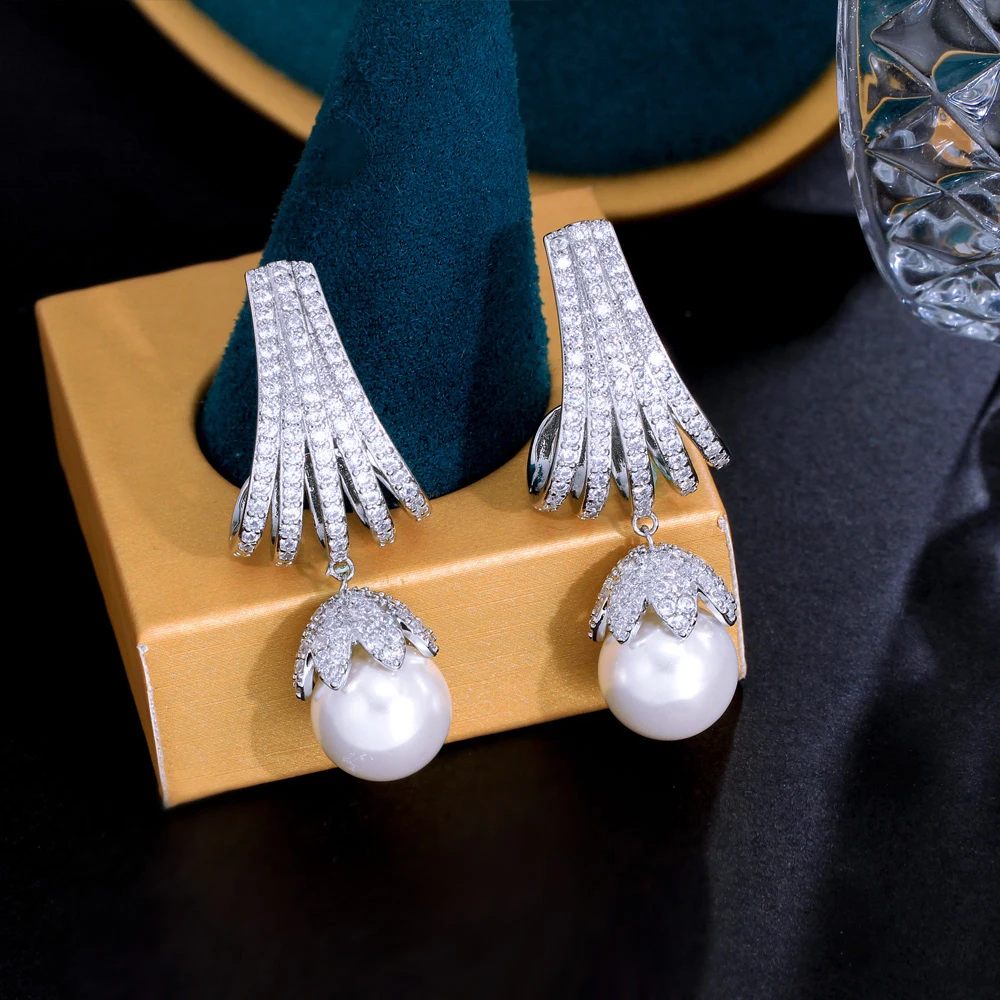 

CWWZircons Clear White Cubic Zirconia Chic Long Dangly Drop Women Pearl Earrings for Wedding Brides Party Jewelry Gift CZ515