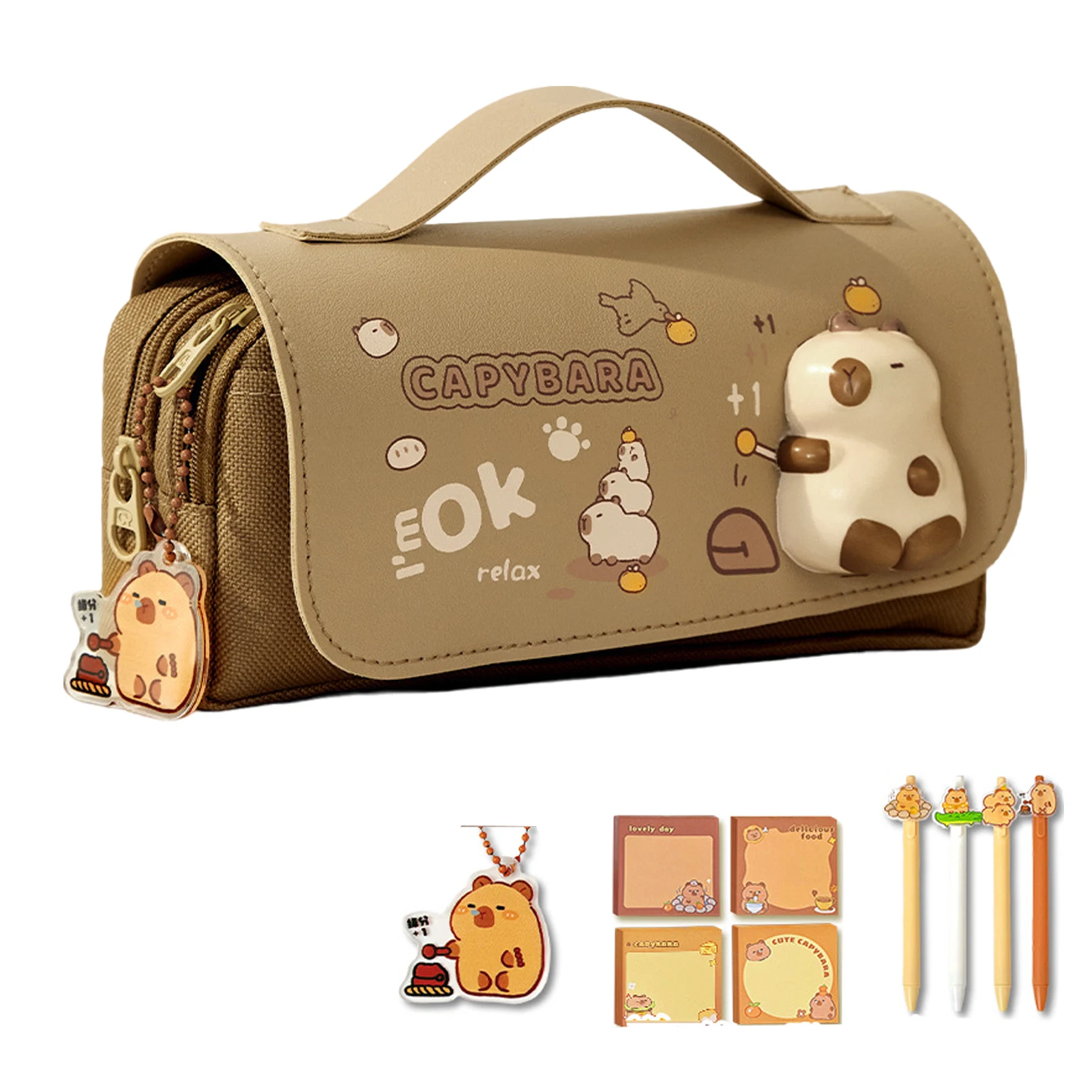 مقلمة Kawaii Capybara ذات سعة كبيرة مع وظيفة تخفيف التوتر وحقيبة أقلام لطيفة مع لعبة قابلة للضغط لقرطاسية الطلاب