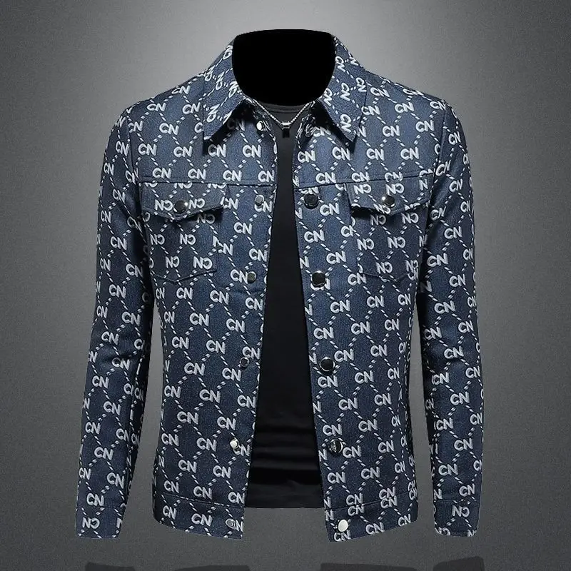 New trendy letter jacquard jacket men's short ruffian handsome gown youth personalized button slim top