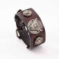 Metal Longhorn Bull Studded Genuine Punk Quality Wide Cowhide Leather Bracelet Cuff Wristband Bangle Brown