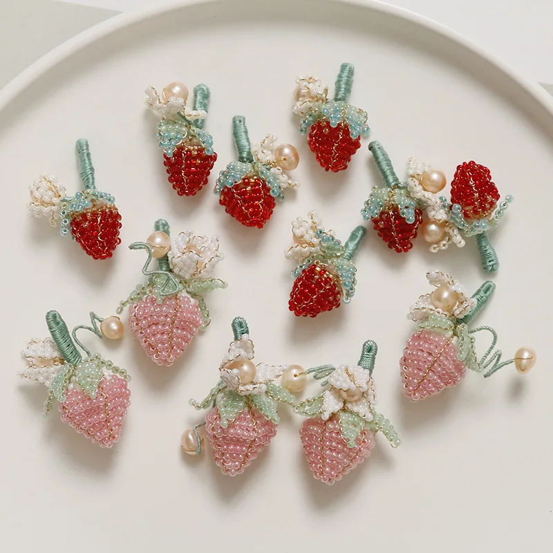 2pcs Xiaoxiangfeng sweet girl pearl simulation strawberry diy hand-woven beaded hairpin hair accessories charms earrings