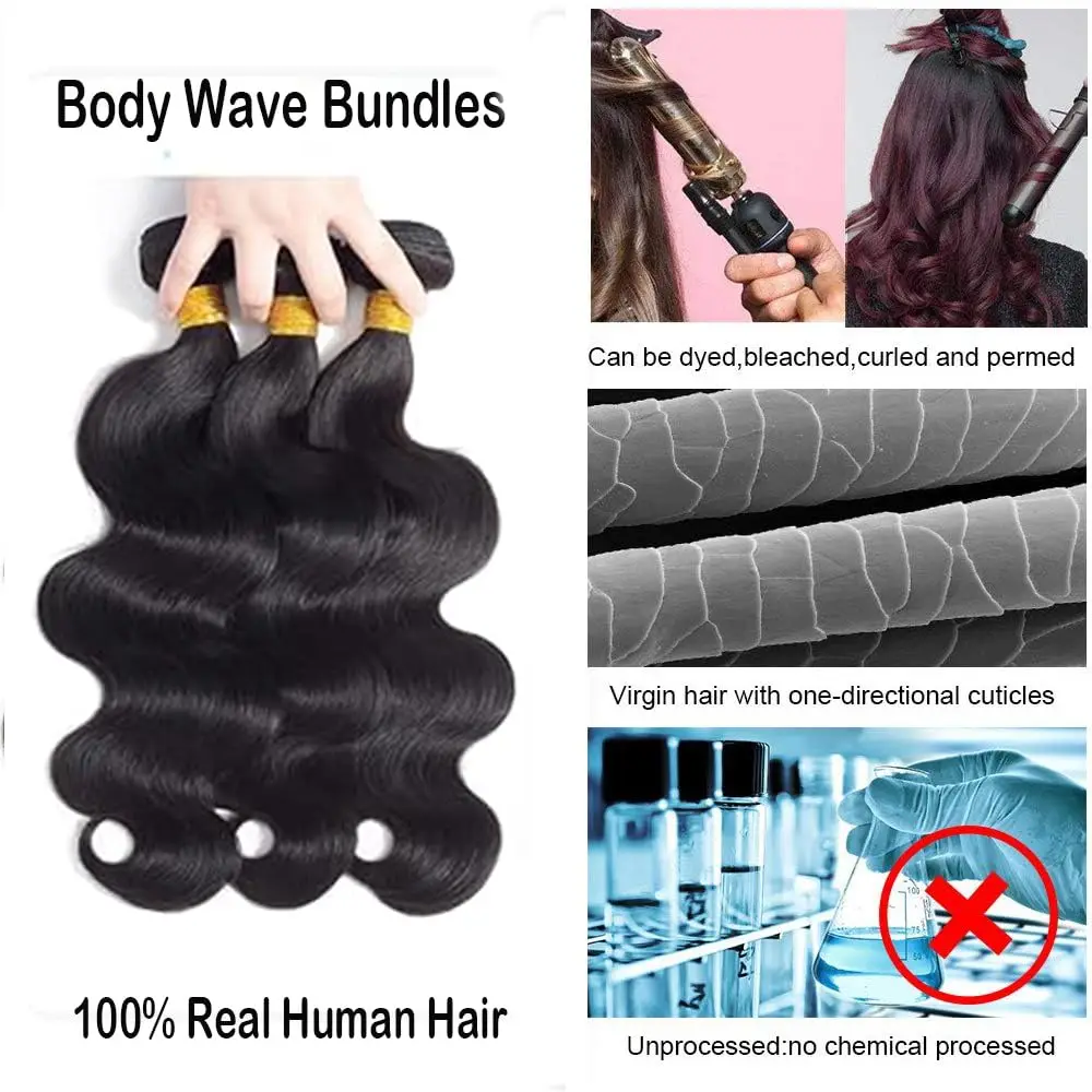 Körperwelle, 3 Bundles mit Frontal, Echthaar-Bündel mit 13 x 4 Spitzen-Frontal, natürliches schwarzes, gewelltes Haar, reines Haar, 13 x 4 Frontal – Detail 12