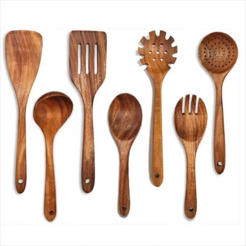 

9pcs Acacia Wood Kitchen Utensils Set Non Stick Long Handle Wooden Cooking Utensils Solid Wood No Paint Frying Spatula Spoon