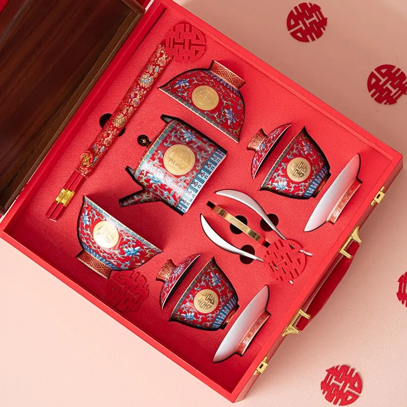 

Chinese Wedding Tea Set Enamel Red Double Happiness Cup Bride Dowry Gifts Ceremony Kung Fu Tea Pot Bridal Bowl Chopsticks