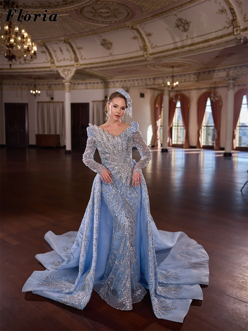 

2 In 1 Light Blue Beaded Evening Dresses Customized Wedding Party Gowns With Overskirt 2026 Crystals Prom Dress Robes De Soirée