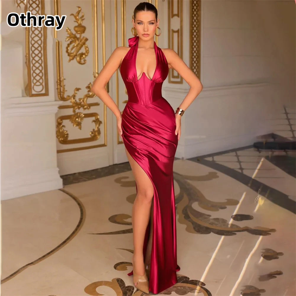 

Othray Mermaid Sexy Evening Dresses Stain Prom Dress Halter V Neck Backless Party Dresses with Split vestidos de noche