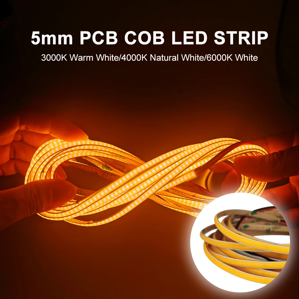 

5mm Super Thin COB LED Strip 384LEDs/M Flexible High Density Light 3000K 4000K 6000K FOB Dimmable Linear Ribbon RA90 DC12V 24V