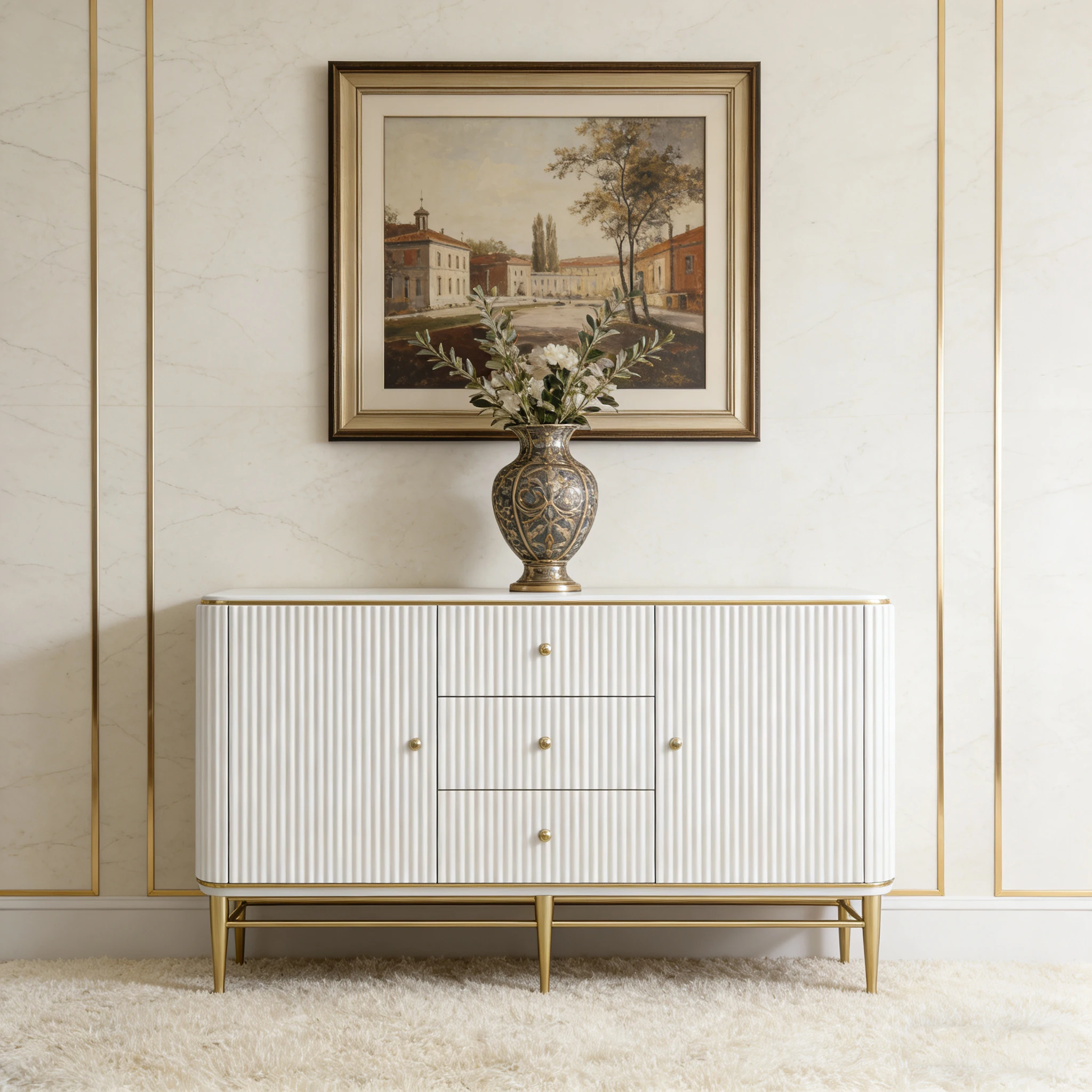 Y*-High-End Luxury Statement Sideboard with Vertical Ribbed Finish & Gold Legs Elegant Decor Cabinet