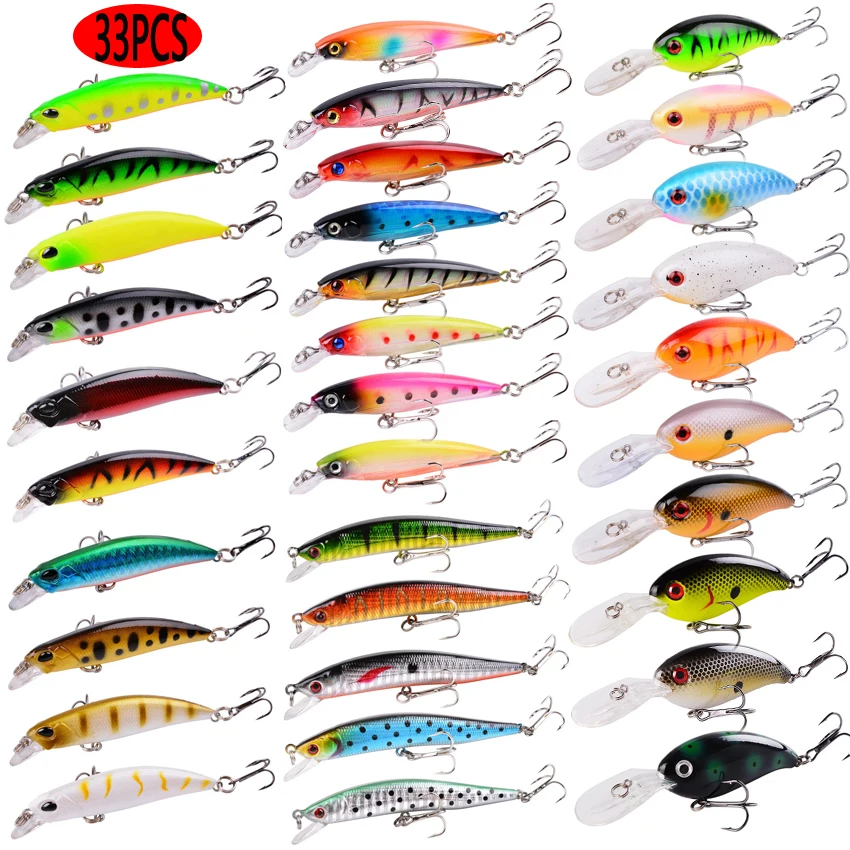 

33 шт., снасти Minnow Crankbaits, комплект рыболовных приманок, жесткая приманка, искусственная ложка, набор воблеров для щуки, троллинга, карпа, смешанный