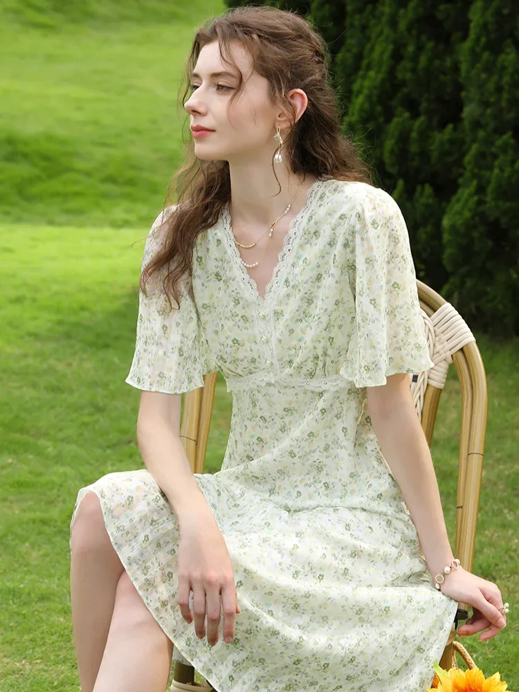 

I BELIEVE YOU Chiffon Dress French Floral Butterfly Sleeve V Neck 2023 Summer Dress A Line High Waist Female Vestidos 2232095068