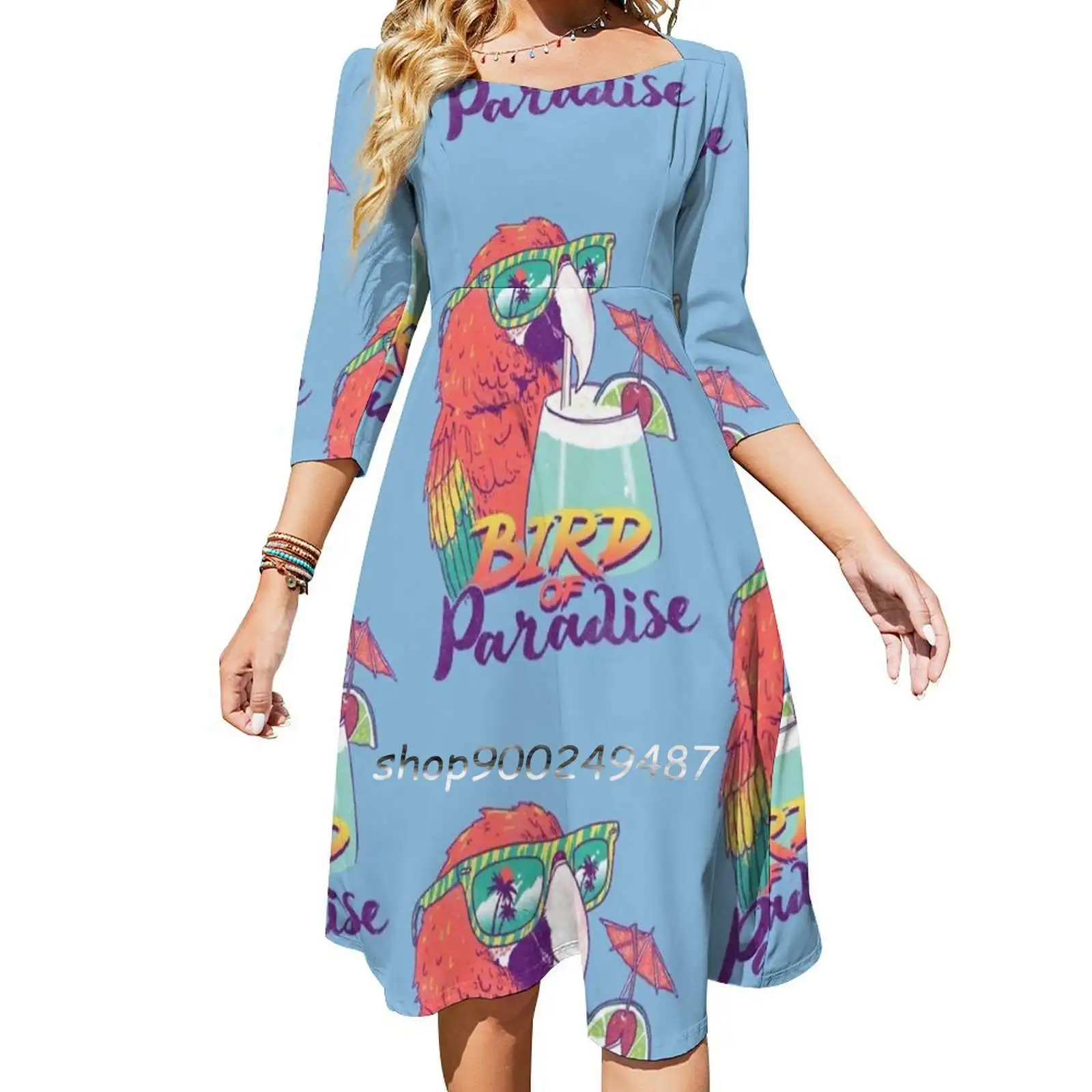 Bird Of Paradise Square Neck Dress Cute Loose Print Dresses Elegant Beach Party Dress Bird Parrot Tropical Tropic Drink