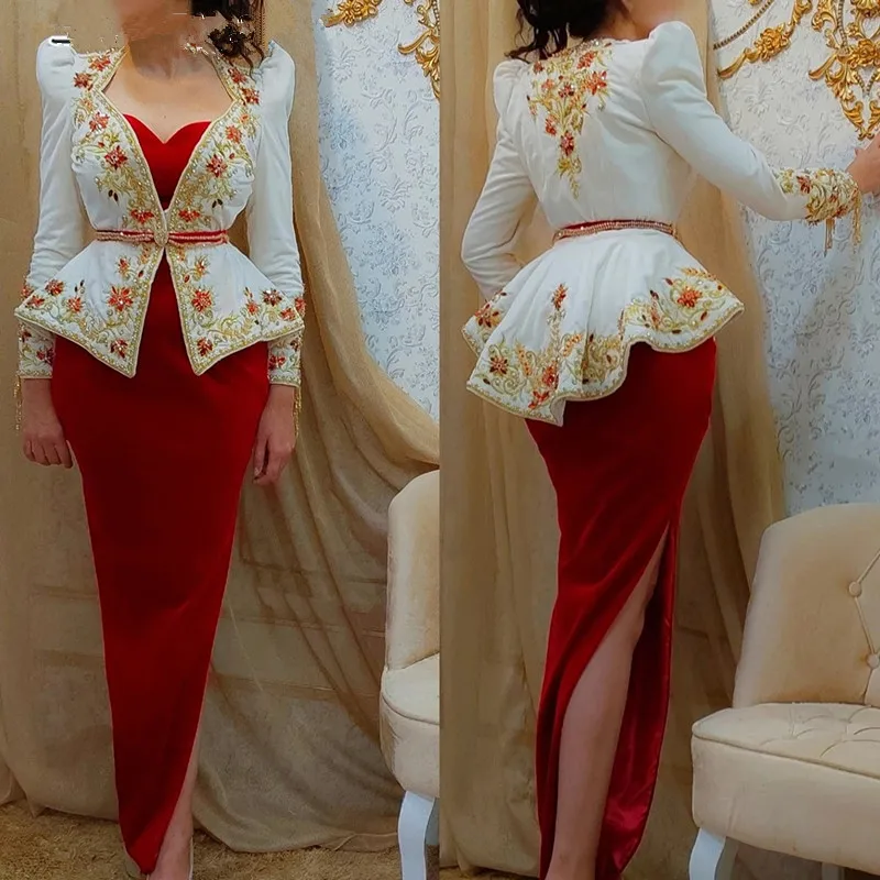 White Red Mermaid Prom Dresses with Long Sleeve Jacket Algerian Outfits Karakou Gold Beaded Embroidery Evening Occasion Gown