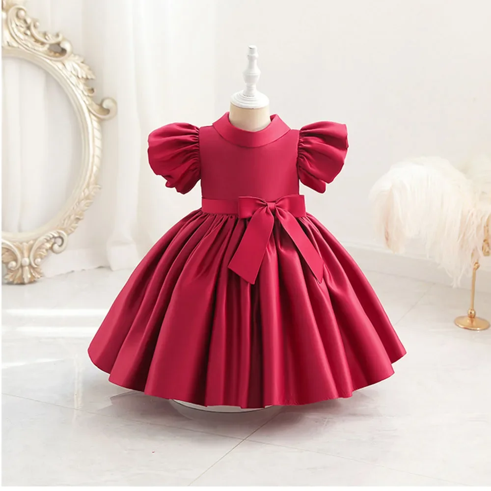 Vestido de fiesta de princesa para niñas pequeñas, ropa de satén con manga abullonada, vestido de boda para niños pequeños de 1 a 6 años, color rosa, Verano