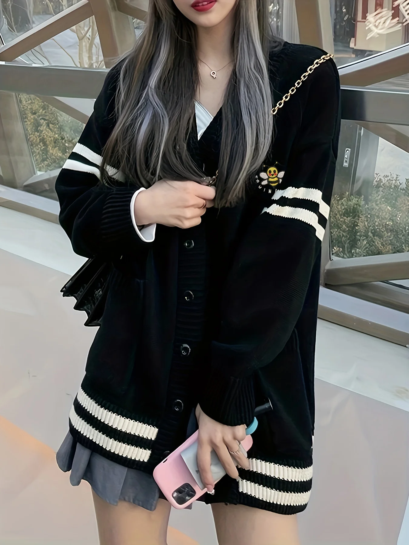 Korean Fashion Little Bee Stripe Knitted Cardigan V Neck Sweater Street Loose Lazy Academy Style Coat