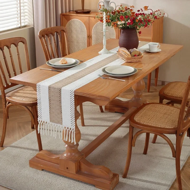 Hand Woven Jute Natural Linen Table Runner with Tassels Rustic Country Wedding Birthday Christmas Decoration for Home tablecloth