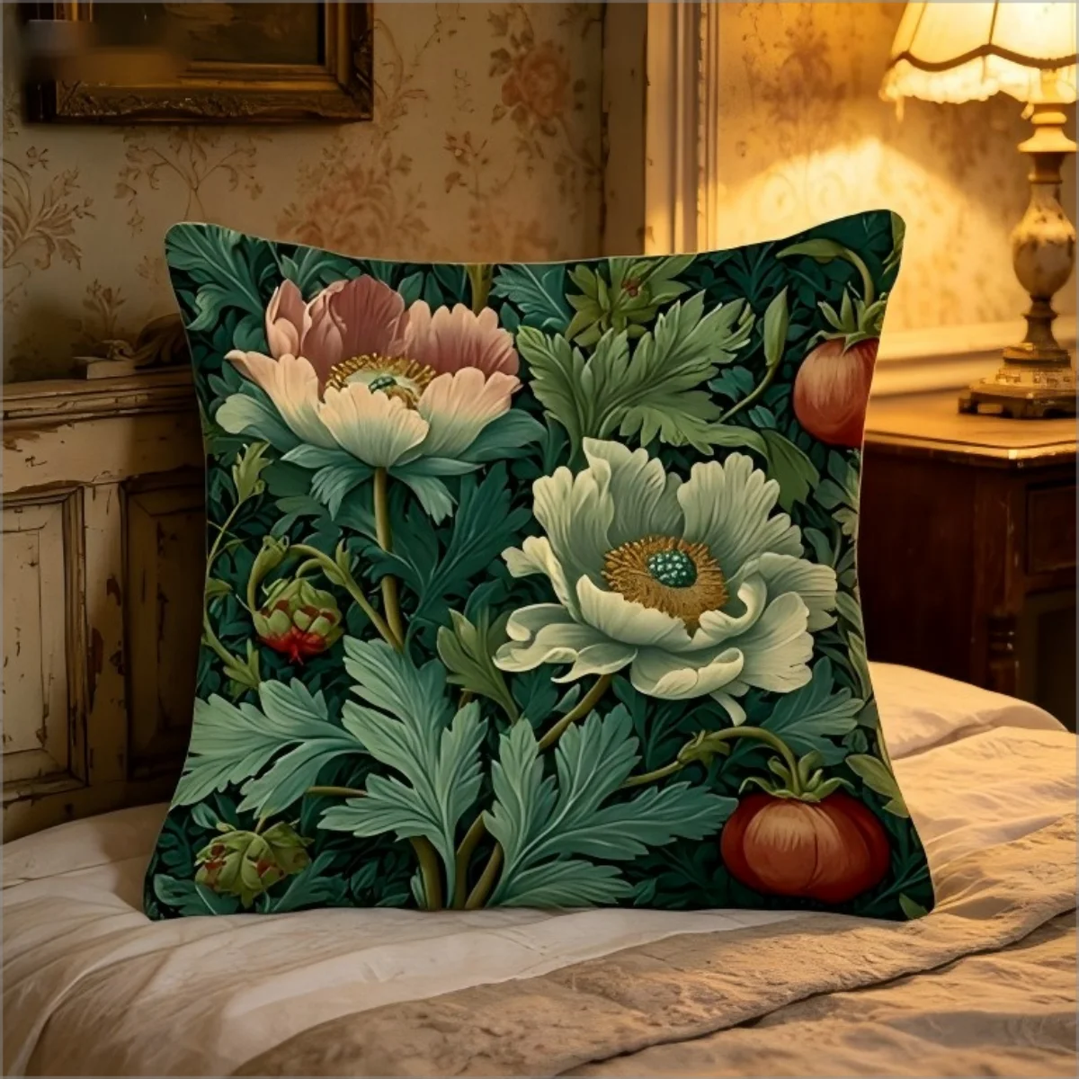 Von William Morris inspirierter Kissenbezug mit Blumenmuster, Vintage Botanische Pfingstrosen Dekorative Kissenhülle