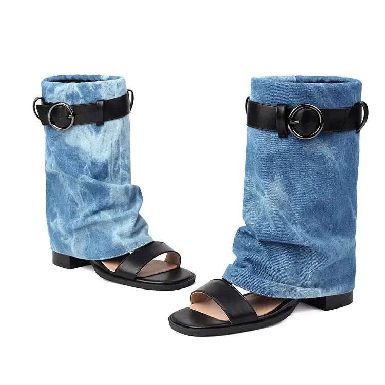 

Size 33-48 Summer New Classics Roman Open Toe Denim Women Sandals 4cm Middle Heels Casual Daily Shoes Cool Ankle Boots Shoes