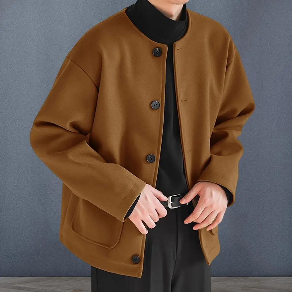 Men Warm Wool Jacket Solid Color Wool Coat Elegant Men's Woolen Coat with Round Neck Pockets Classic Single Breasted for Cold