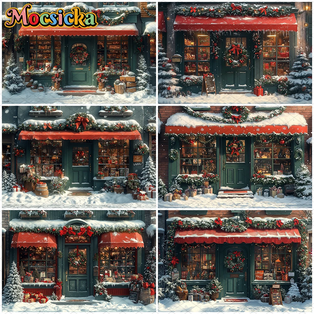 

Mocsicka Christmas Photography Backgrounds Green House Tree Party Photo Studio Backdrop Snowflakes Red Bow Door Decors Wallpaper