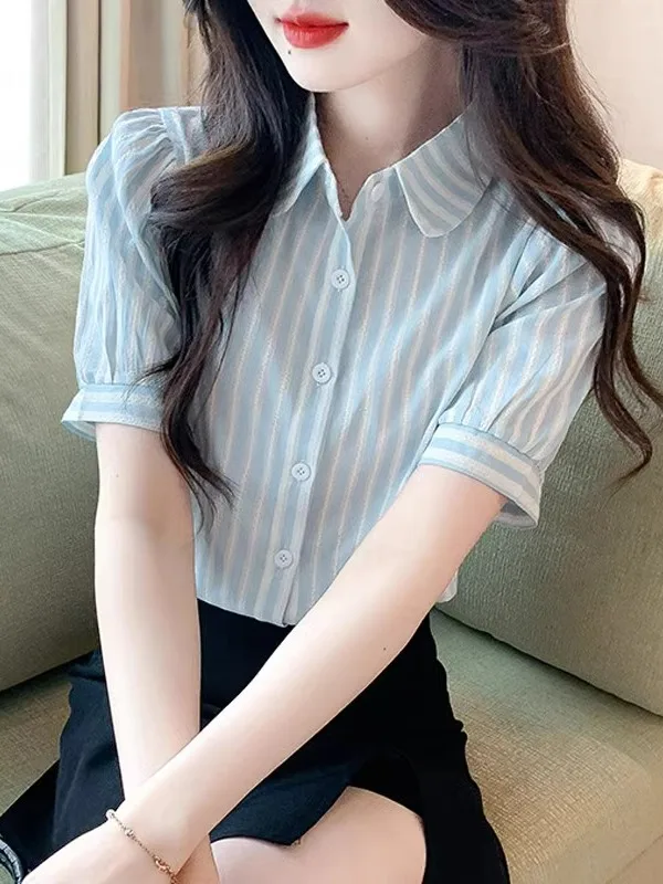 

Fashionable Striped Short Sleeve Shirt Guangzhou Thirteenth Factory European Style Women's Summer Casual Top
