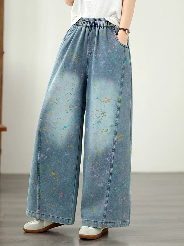 

Summer plus Size Embroidered Elastic Loose Casual Versatile Straight Leg Wide Leg Jeans High Waist Elastic Waistband