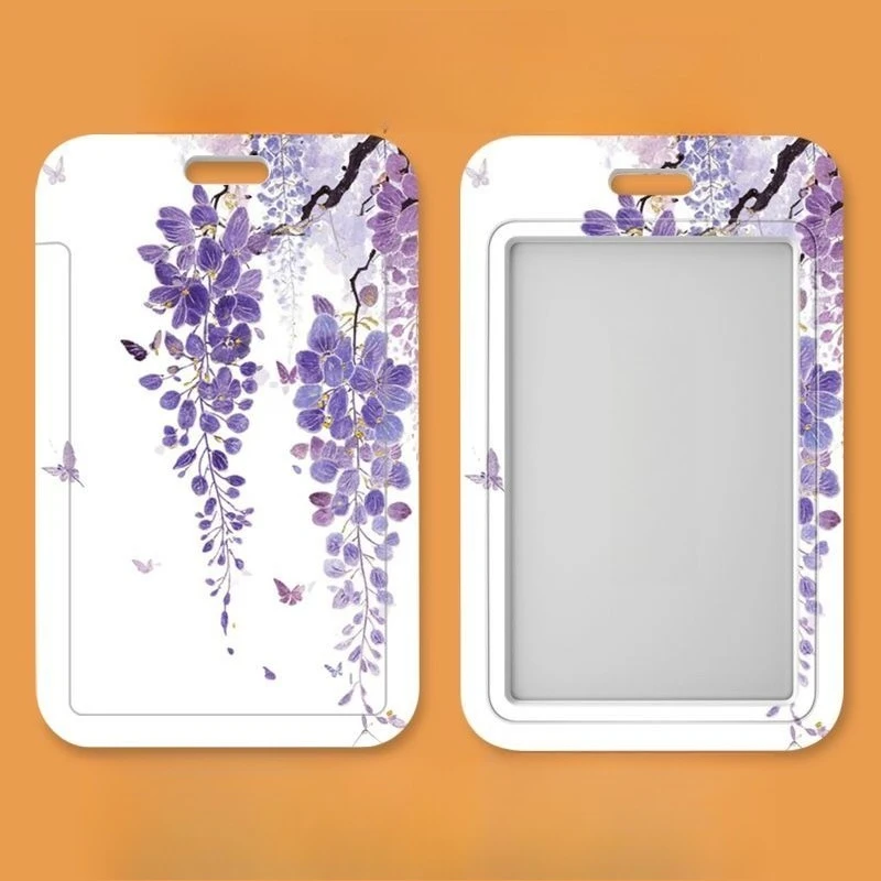Purple Ins Style Floral Student Campus Lanyard Cards Holder Keychain Photo Sleeves Bank Business Work Card Holder for Kids Gift