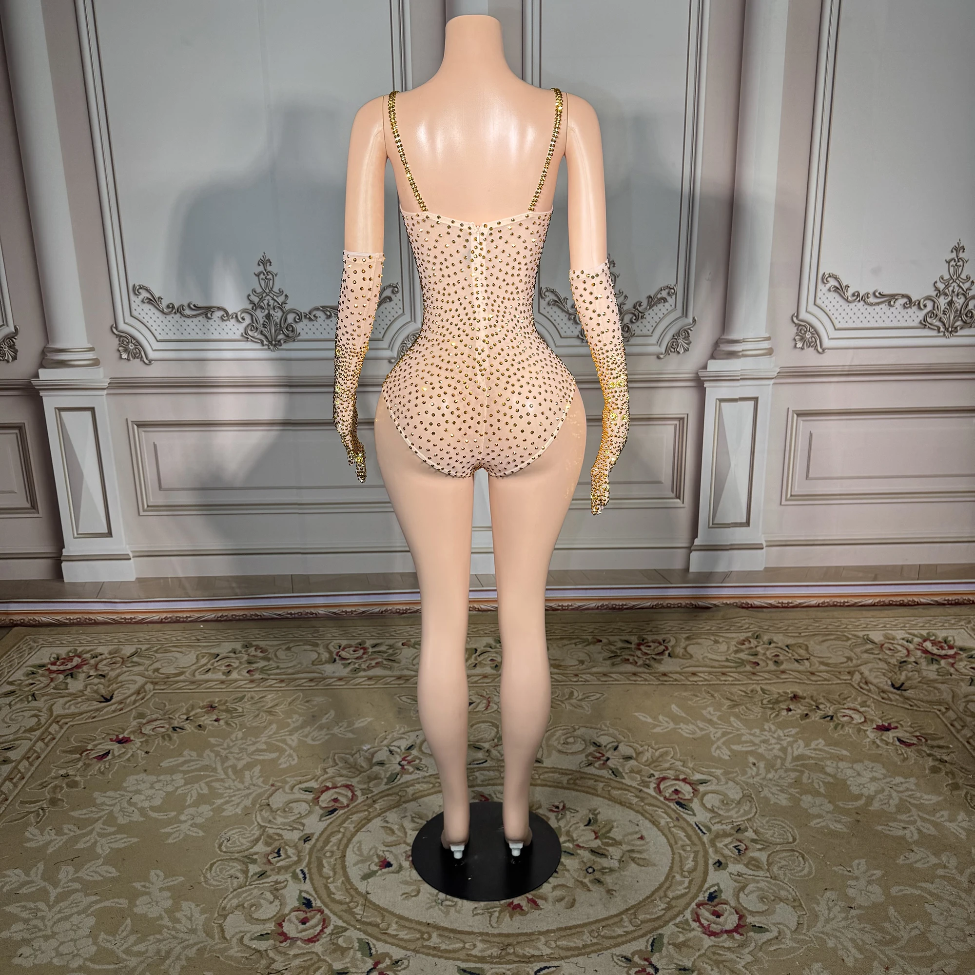 ZD 도매 의류 2024 투명 섹시 바디수트 라인스톤 여성 민소매 바디수트 (장갑 포함)