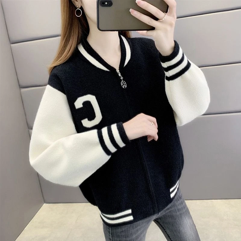 2025 Women's Short Vintage Loose Knit Retro Sweater Cardigan Baseball Style Patchwork Coat