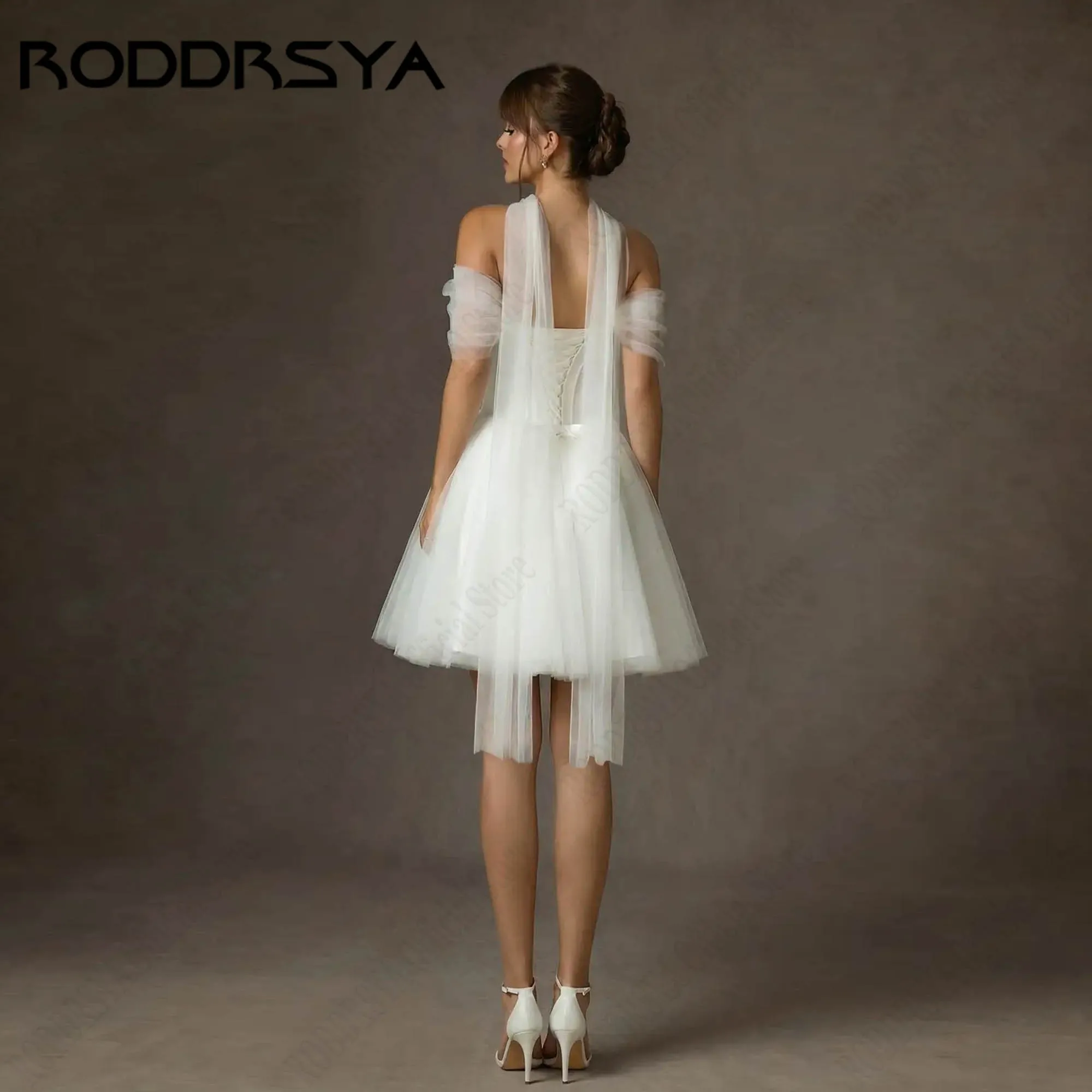 RODDRSYA Mini A-line Ball Gown Off Shoulder Minimalism Satin Tulle White Wedding Dress Backless Lace Up Bridal Gown Customized
