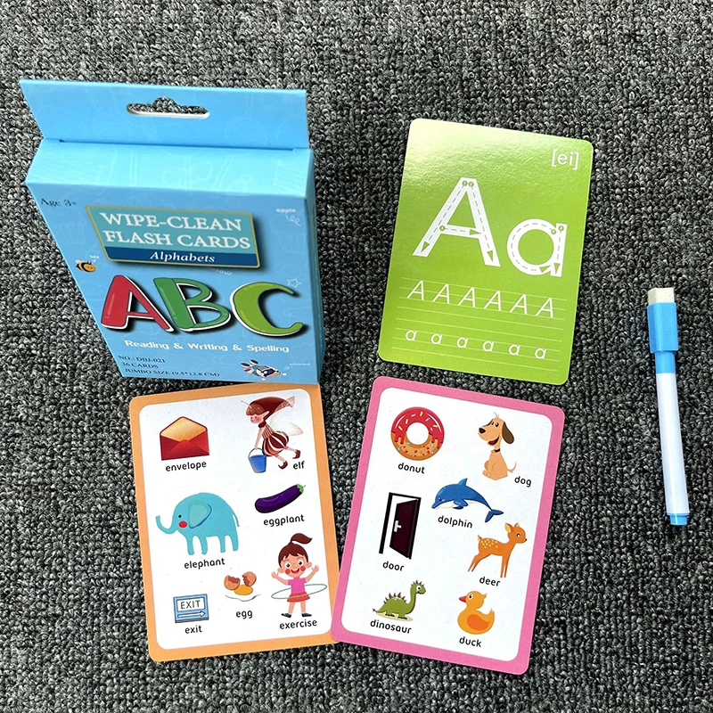 Alfabeto Cognitive Flash Card com caneta, Brinquedo infantil, Ensino Aids, pode ser apagado