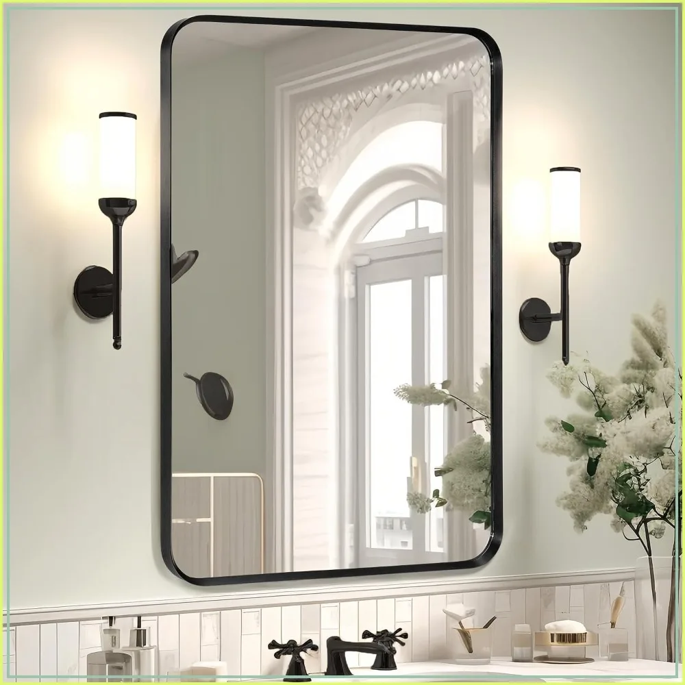 Wall Mount Mirror for Bathroom Black Metal Framed 24 x 36 Inch